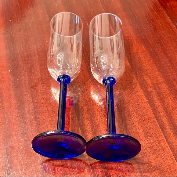 Crystal Champagne Flutes Blue Paneled Stem Set Of 2 VTG Glass Stemware Barware - Picture 5 of 10
